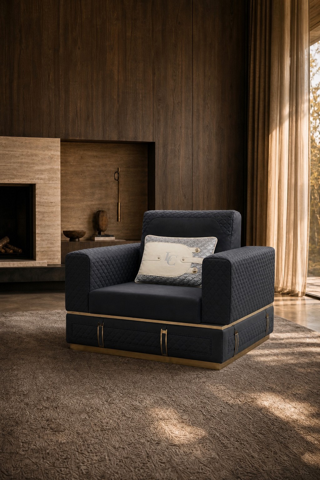 La Contessina armchair with quilted midnight-blue upholstery, brass details and its original grey velvet and cream leather cushion in a contemporary Italian interior
