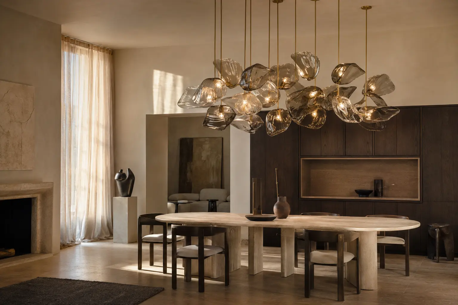 Original composition of blown-glass lamps in an Italian dining room